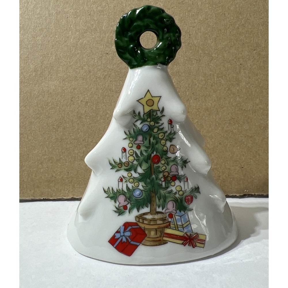 Vintage 3.5" Lefton White Ceramic Christmas Tree Bell w/ Clapper & Sticker 01199